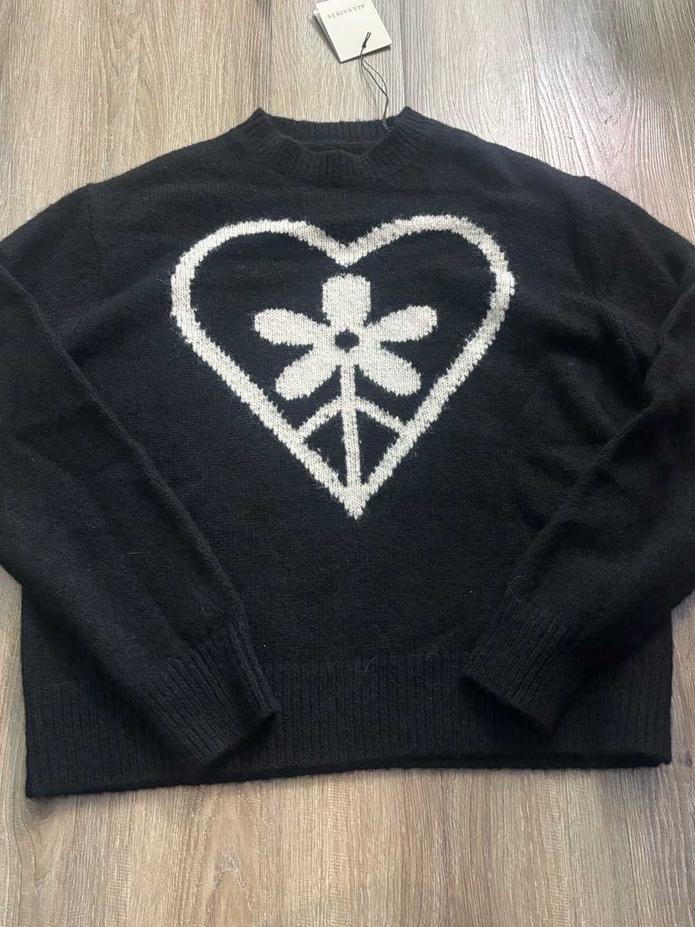 All Saints Black Crewneck Sweater with White Heart & Flower Motif